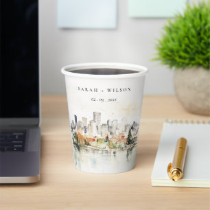 Elegant Portland Oregon Skyline Watercolor Wedding Paper Cups