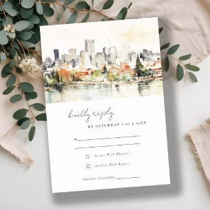 Elegant Portland Oregon Skyline Watercolor Wedding RSVP Card