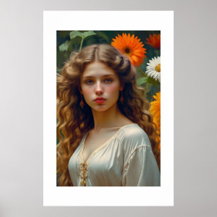 Elegant Portrait of a Beautiful Girl with Flower Poster