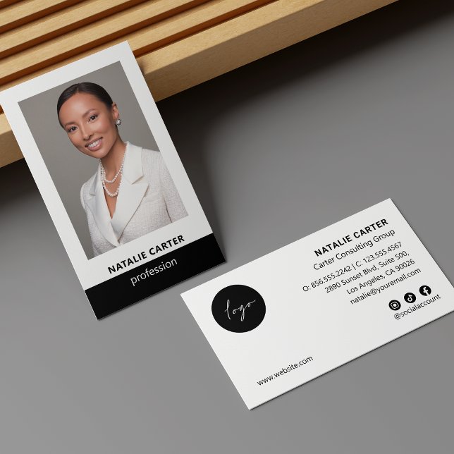 Elegant Portrait Photo, Logo & Social Icons BLACK Business Card (Creator Uploaded)