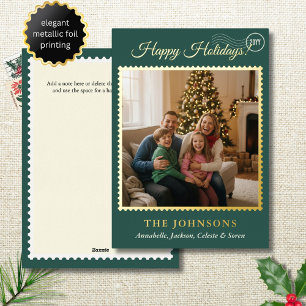 Elegant Postage Stamp Square Photo Green Gold Foil Holiday Card