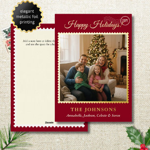 Elegant Postage Stamp Square Photo Red Gold Foil Holiday Card