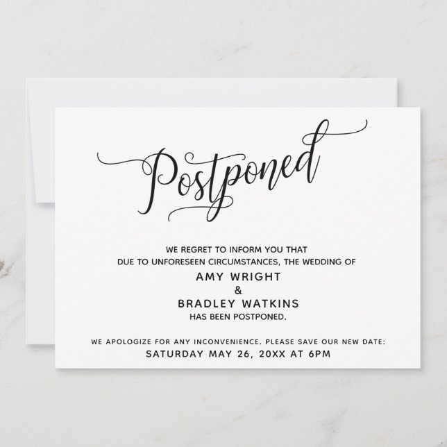 Elegant Postponed Wedding Announcement Card (Front)