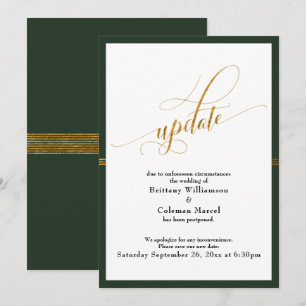 Elegant Postponed Wedding Green & Gold Stripe Card