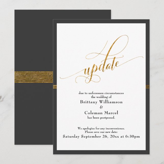 Elegant Postponed Wedding Grey & Gold Stripe Card (Front/Back)