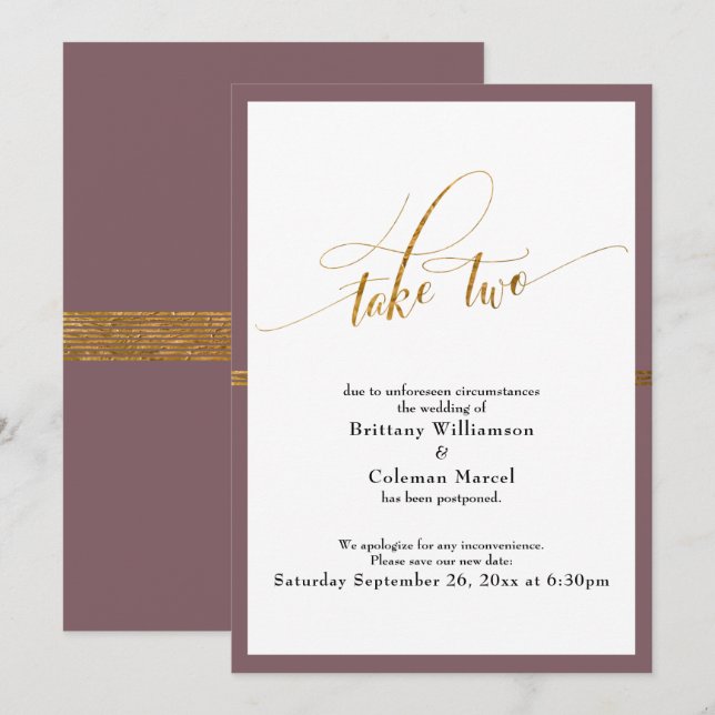 Elegant Postponed Wedding Mauve & Gold Stripe Card (Front/Back)
