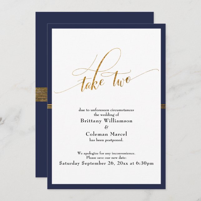 Elegant Postponed Wedding Navy & Gold Stripe Card (Front/Back)