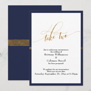 Elegant Postponed Wedding Navy & Gold Stripe Card