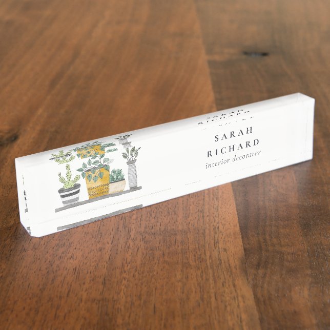 Elegant Potted House Plants Watercolor Botanical  Nameplate (Side)