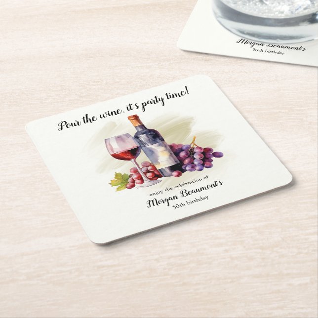 Elegant Pour The Wine Themed 50th Birthday Party Square Paper Coaster (Angled)