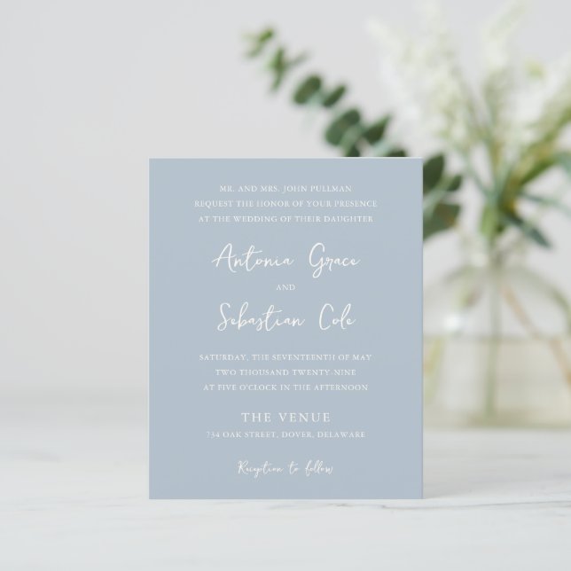 Elegant Powder Blue Budget Wedding Invitation (Standing Front)