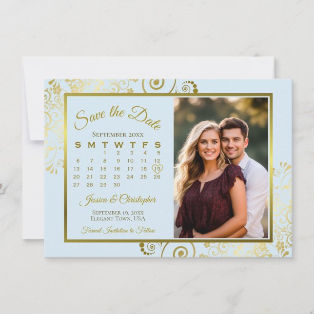 Elegant Powder Blue & Gold Calendar Photo Wedding Save The Date (Front)