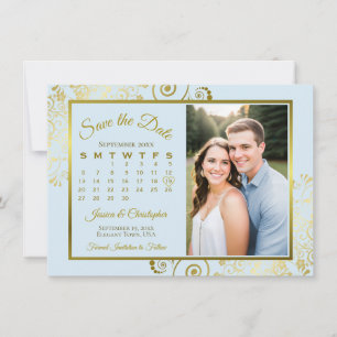 Elegant Powder Blue & Gold Calendar Photo Wedding Save The Date