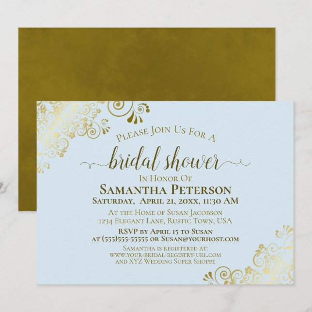 Elegant Powder Blue Gold Lace Frills Bridal Shower Invitation (Front/Back)