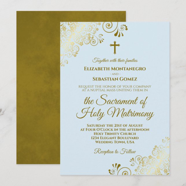 Elegant Powder Blue & Gold Modern Catholic Wedding Invitation (Front/Back)
