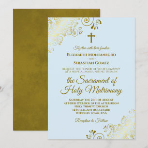 Elegant Powder Blue & Gold Modern Catholic Wedding Invitation