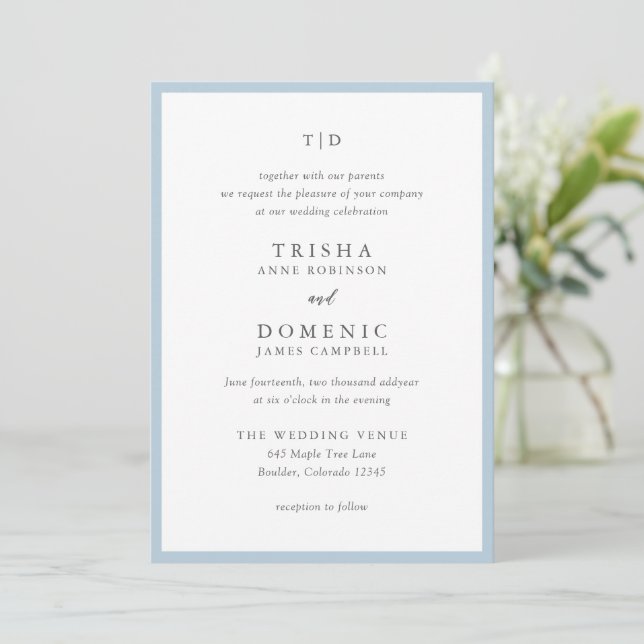 Elegant Powder Blue Monogram Modern Wedding Invitation (Standing Front)