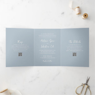 Elegant Powder Blue QR Code Modern Wedding Tri-Fold Invitation