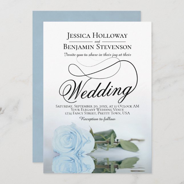 Elegant Powder Blue Rose Classy Script Wedding Invitation (Front/Back)