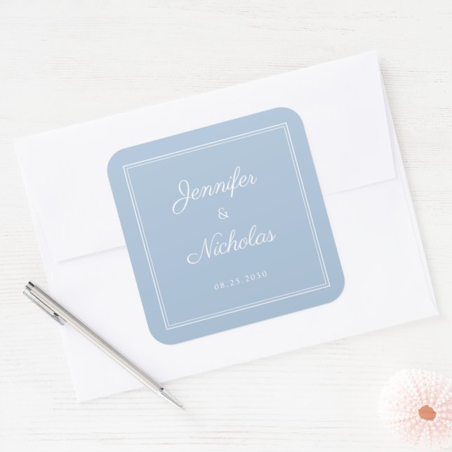 Elegant Powder Blue Script Wedding Square Sticker (Envelope)