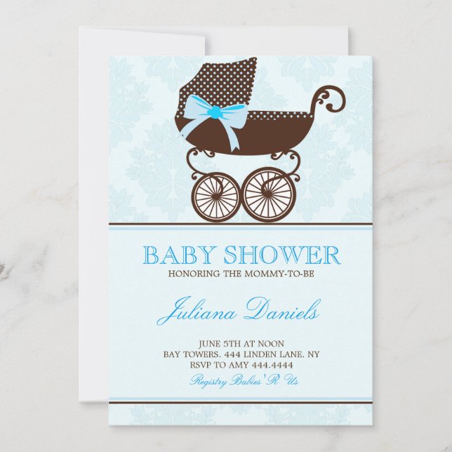Elegant Pram Boy Baby Shower Invitations (Front)