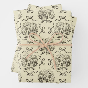 Elegant Preppy Beige Hydrangea Bow Toile Pattern Wrapping Paper Sheet