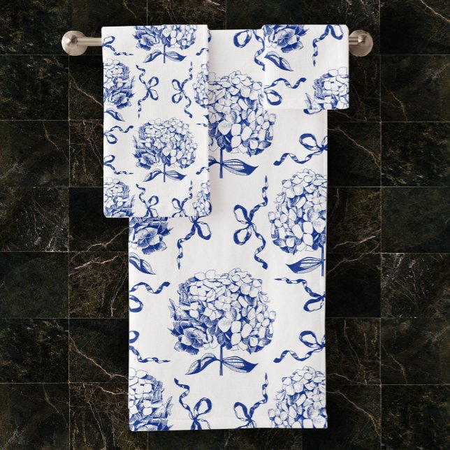 Elegant Preppy Blue Hydrangea Bow Toile Pattern Bath Towel Set (Creator Uploaded)