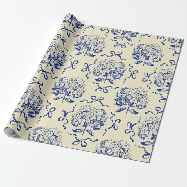 Elegant Preppy Blue Toile Hydrangea Bow Pattern Wrapping Paper (Unrolled)
