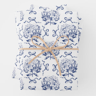 Elegant Preppy Blue Toile Hydrangea Bow Pattern Wrapping Paper Sheet