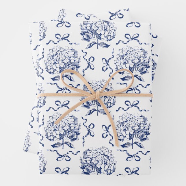 Elegant Preppy Blue Toile Hydrangea Bow Pattern Wrapping Paper Sheet (In situ)