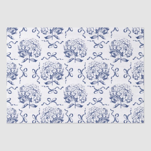 Elegant Preppy Blue White Hydrangea Bow Pattern Tissue Paper (Front)
