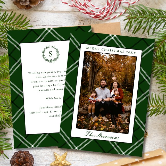 Elegant Preppy Classic Green Plaid Christmas Photo Holiday Card (Creator Uploaded)