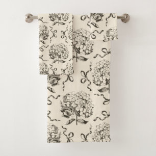 Elegant Preppy Hydrangea Bow Beige Toile Pattern Bath Towel Set