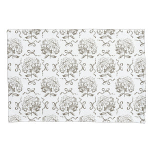 Elegant Preppy Hydrangea Bow Beige Toile Pattern Pillowcase