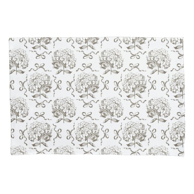 Elegant Preppy Hydrangea Bow Beige Toile Pattern Pillowcase (Front)