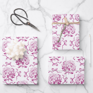 Elegant Preppy Hydrangea Bow Pink Toile Pattern Wrapping Paper Sheet
