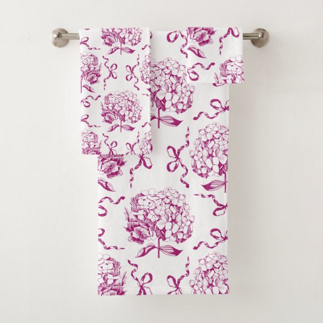 Elegant Preppy Pink Hydrangea Bow Toile Pattern Bath Towel Set (Insitu)