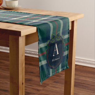 Elegant Preppy Plaid Monogram Christmas Long Table Runner