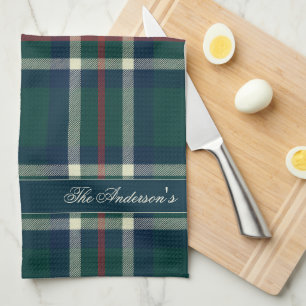 Elegant Preppy Plaid Monogram Christmas Tea Towel