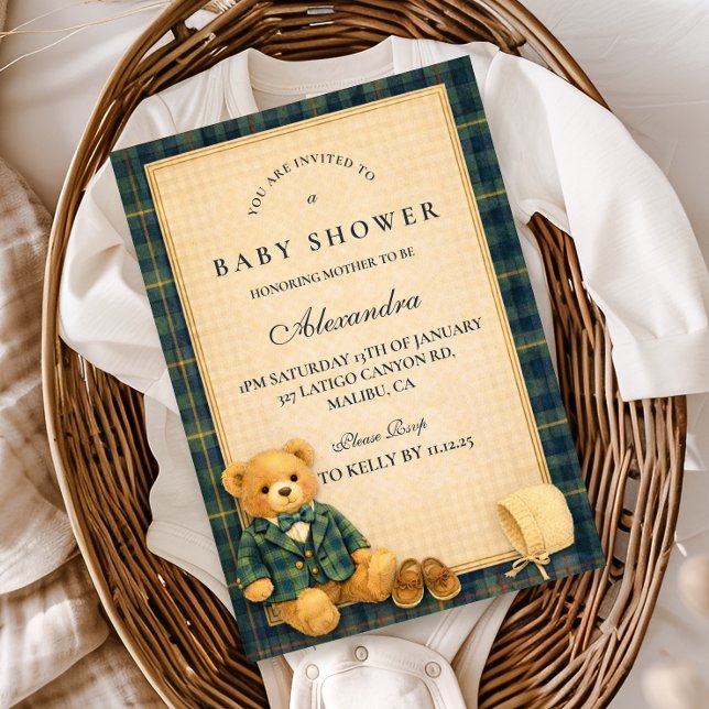 Elegant Preppy Teddy Bear Baby Shower Invitation (Creator Uploaded)
