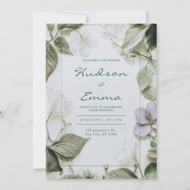 Elegant Pressed Flower Greenery Rustic Wedding Invitation (Front)