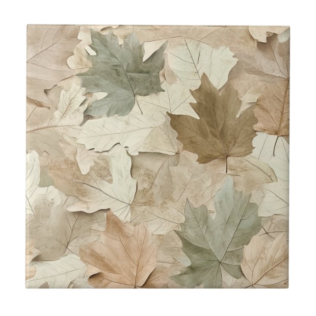 Elegant Pressed Leaves with Warm Parchment Base Ceramic Tile (Front)