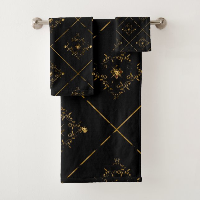 ELEGANT & PRETTY BLACK GOLD BATHROOM TOWEL SET (Insitu)