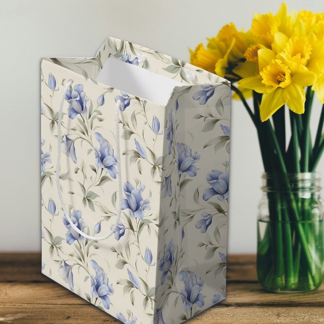 Elegant Pretty Blue Floral on Cream Background Medium Gift Bag (Creator Uploaded)