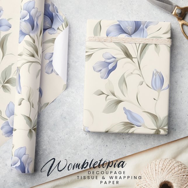 Elegant Pretty Blue Floral on Cream Background  Wrapping Paper (Creator Uploaded)
