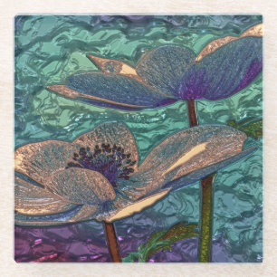 Elegant Pretty Blue Metallised Flowers Art Glass Coaster