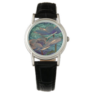 Elegant Pretty Blue Metallised Flowers Art Watch