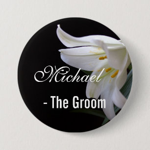 Elegant, pretty bride / groom wedding button. 7.5 cm round badge
