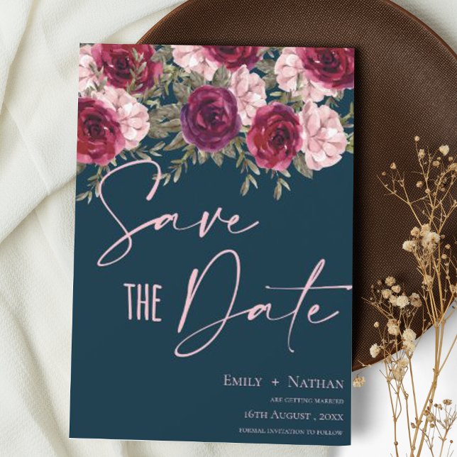 Elegant Pretty Burgundy Peach Blue Floral Wedding Save The Date (Creator Uploaded)