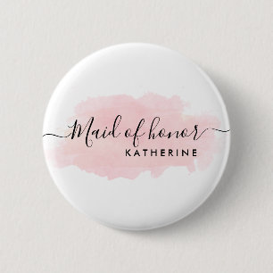 Elegant pretty chick pink watercolor maid of honou 6 cm round badge